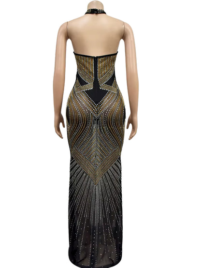 Glamorous Backless Rhinestone Maxi Dress with Mesh Accents - Perfect for Parties and Celebrity Inspired Looks