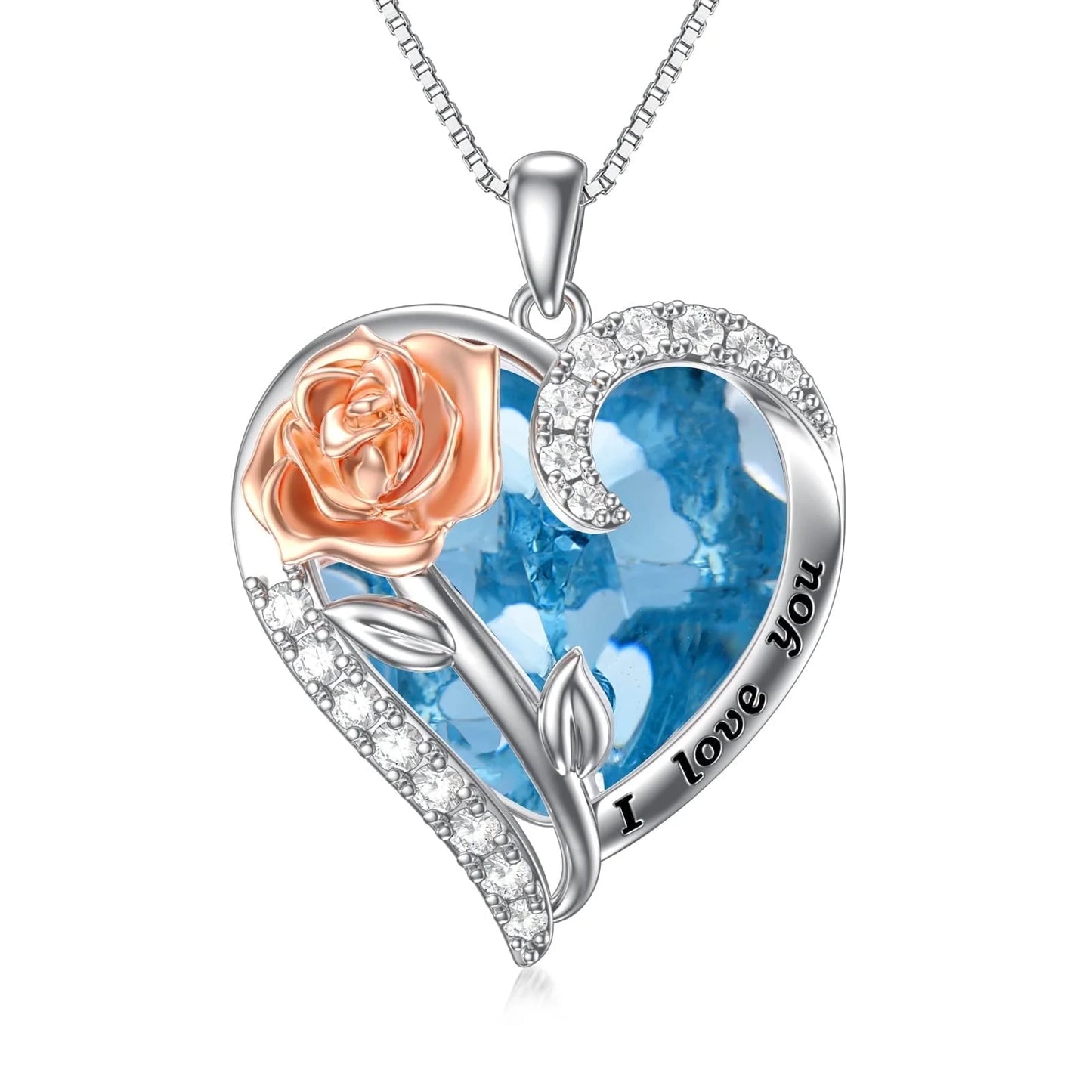 Romantic Radiance: Sterling Silver Rose Pendant Necklace with Heart-Shaped Crystal – Perfect Valentine's Day Gift with March Birthstone Aquamarine