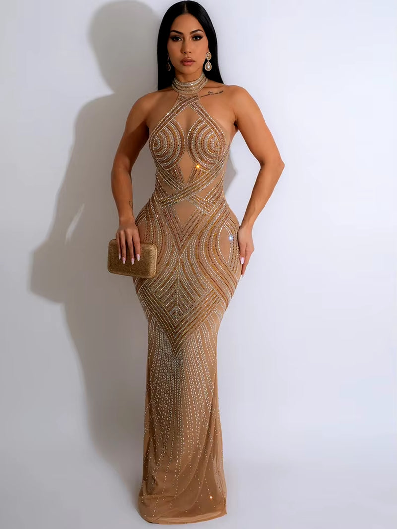 Glamorous Backless Rhinestone Maxi Dress with Mesh Accents - Perfect for Parties and Celebrity Inspired Looks