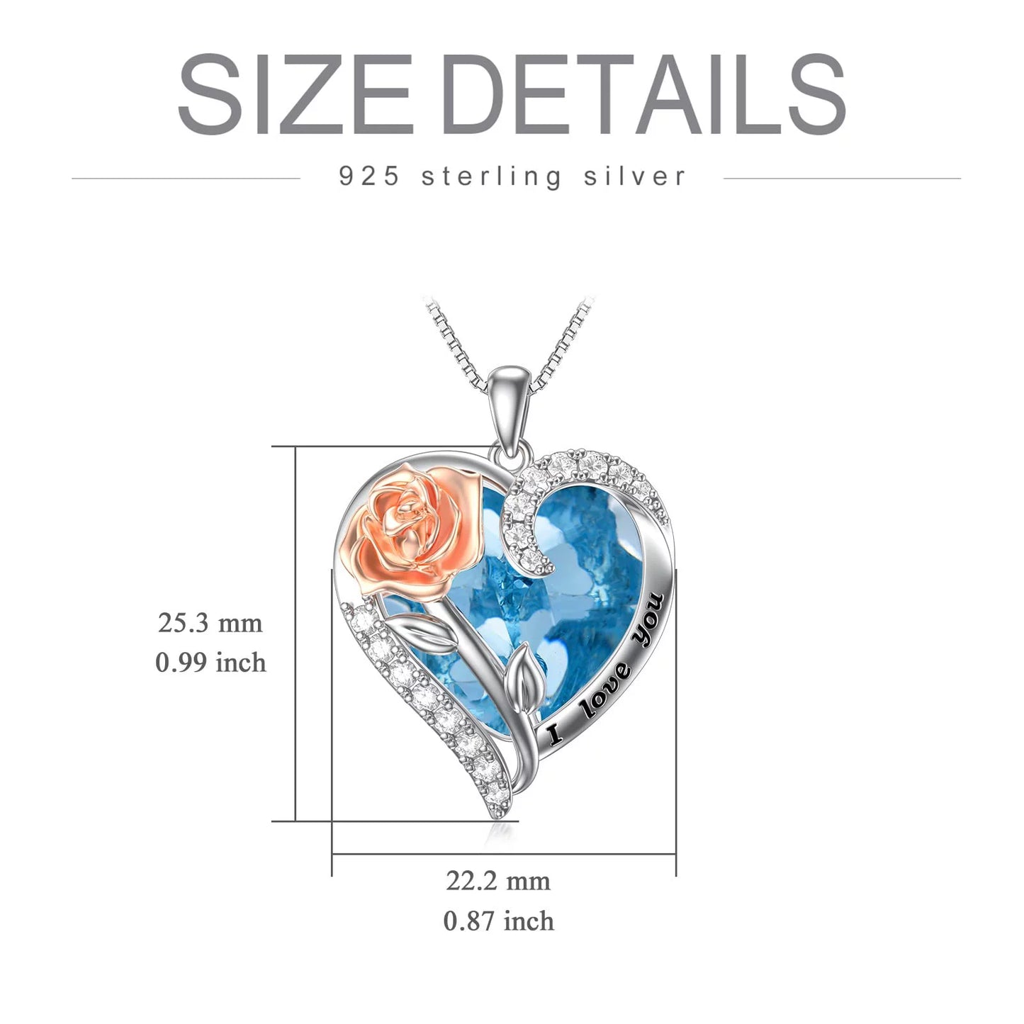 Romantic Radiance: Sterling Silver Rose Pendant Necklace with Heart-Shaped Crystal – Perfect Valentine's Day Gift with March Birthstone Aquamarine