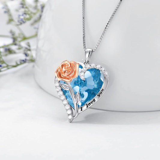 Romantic Radiance: Sterling Silver Rose Pendant Necklace with Heart-Shaped Crystal – Perfect Valentine's Day Gift with March Birthstone Aquamarine