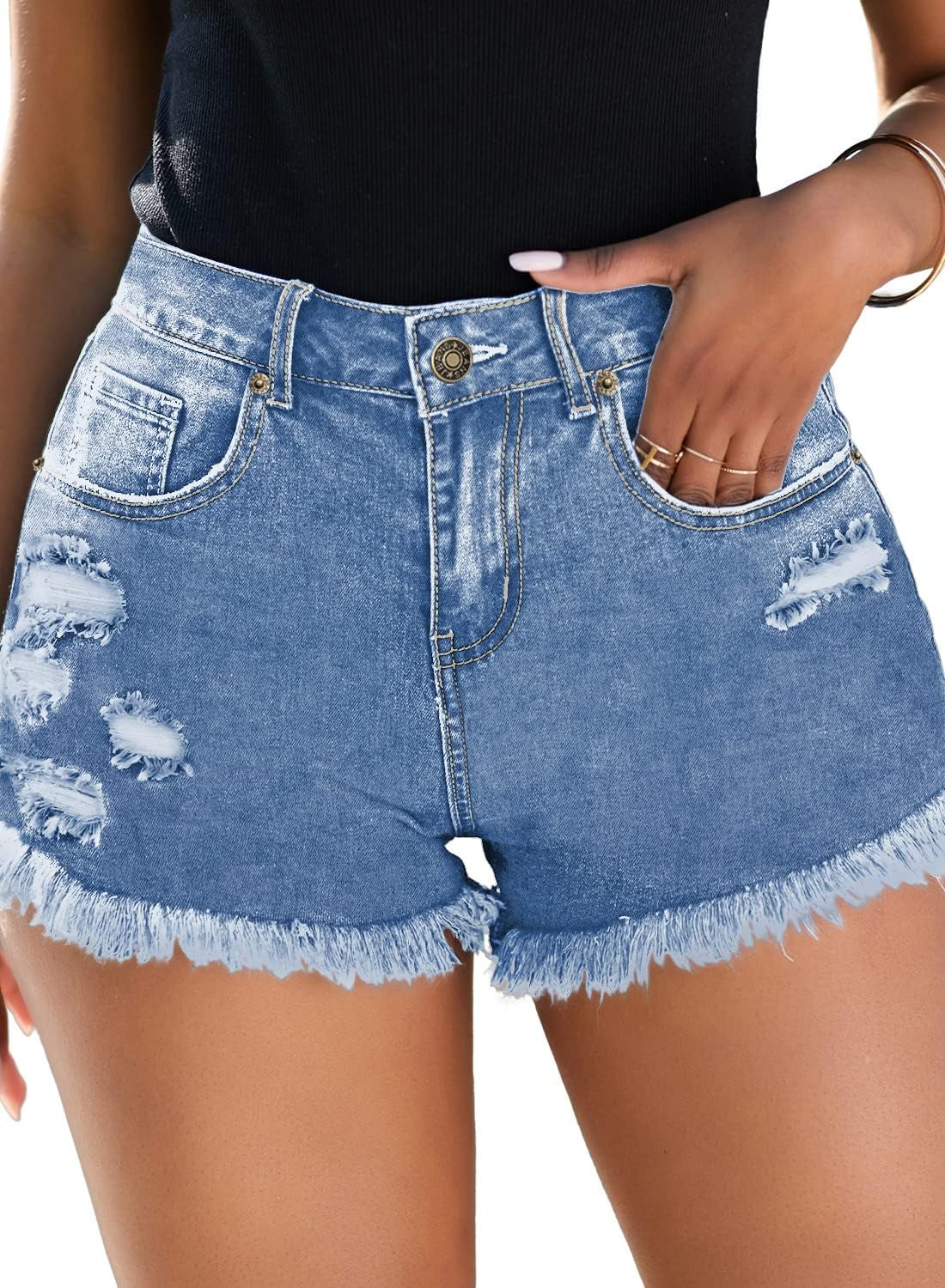 Summer Ready Women's High Waisted Ripped Denim Shorts - Stretchy & Stylish!