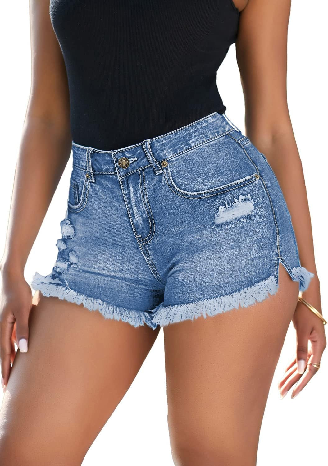 Summer Ready Women's High Waisted Ripped Denim Shorts - Stretchy & Stylish!