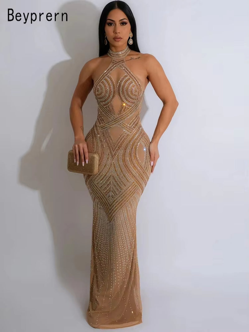 Glamorous Backless Rhinestone Maxi Dress with Mesh Accents - Perfect for Parties and Celebrity Inspired Looks