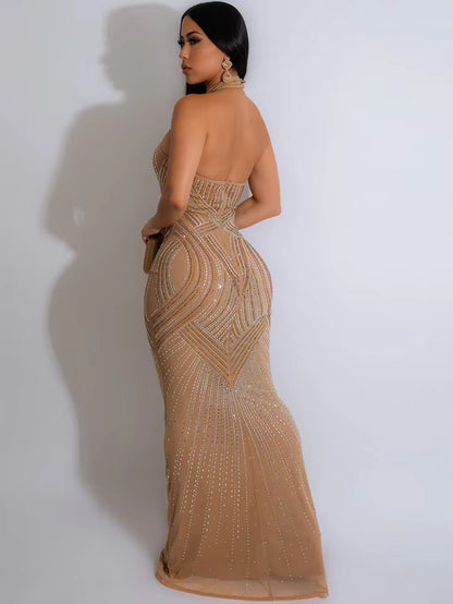 Glamorous Backless Rhinestone Maxi Dress with Mesh Accents - Perfect for Parties and Celebrity Inspired Looks