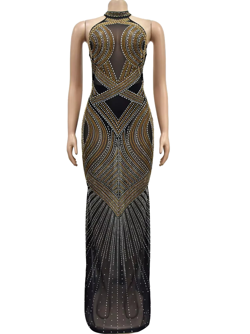 Glamorous Backless Rhinestone Maxi Dress with Mesh Accents - Perfect for Parties and Celebrity Inspired Looks