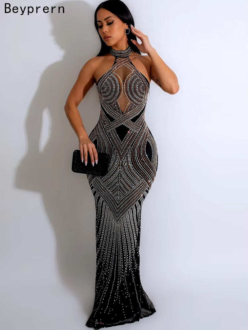 Glamorous Backless Rhinestone Maxi Dress with Mesh Accents - Perfect for Parties and Celebrity Inspired Looks