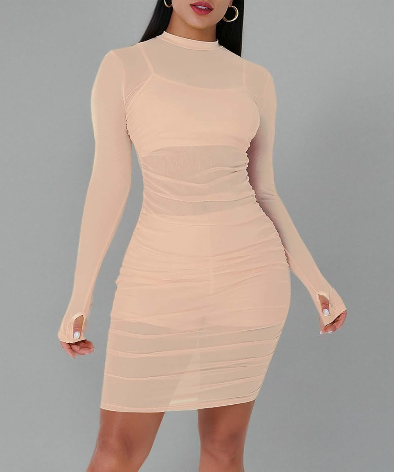 Women'S Sexy 3 Piece Outfits Mesh See through Ruched Midi Dresses + Crop Tank Tops + Skinny Shorts Sets Clubwear